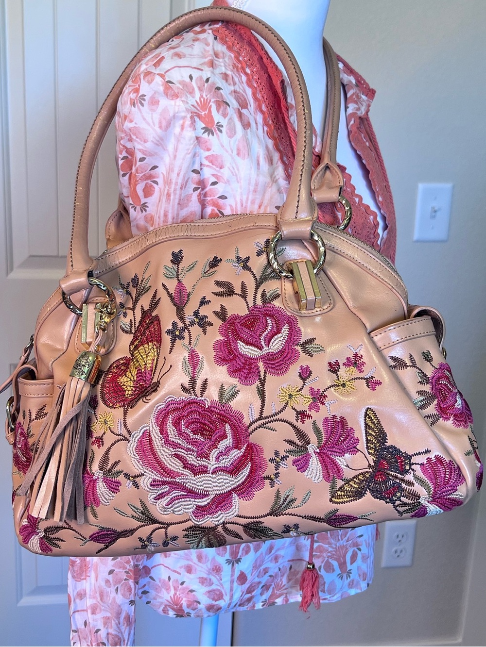 Embroidered Vintage Floral Butterflies Satchel Original by Sharif 1827 Handbag